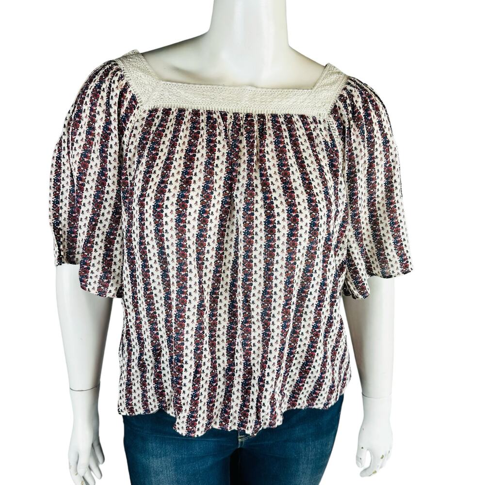 American Eagle Outfitters Womans Sz XXL Blouse‎ Stripes Floral Lace Trim